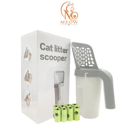 A scoop for cat litter, developed, with a storage for waste, and easy to use - gray color