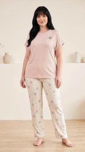 Two-piece sleepwear with half sleeves in a distinctive color and palm tree pattern.