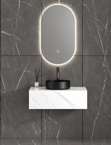 Wall-Hung Vanity with Black Vessel Basin and LED Mirror 80 cm