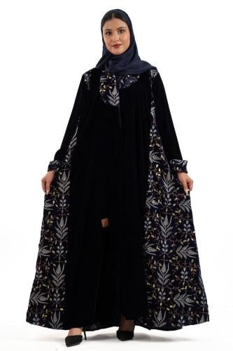 عباية مخمل لون كحلي غامق مطرزه