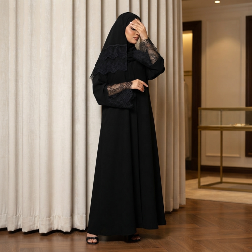 ABAYA ANORA عباية بالون بقماش الكريب مزينة بدانتيل علي الاكمام وطرحة