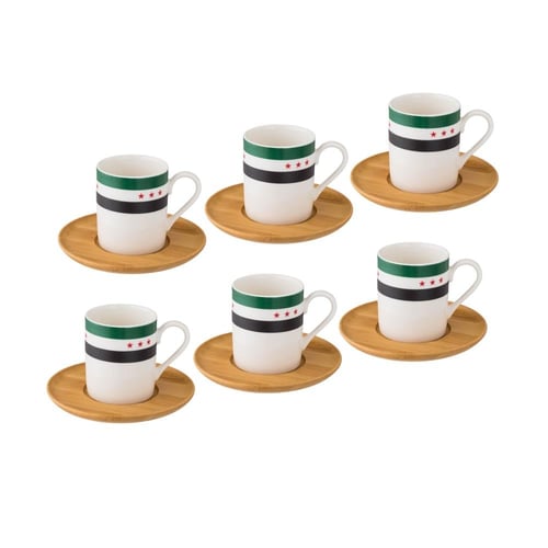 طقم فناجين قهوة بورسلان – 6 أشخاص مع صحن خشب