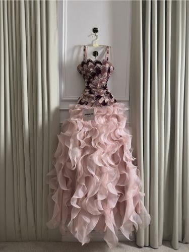 Luxury pink evening dress - royal design embroidered with ruffles from Shomos store
