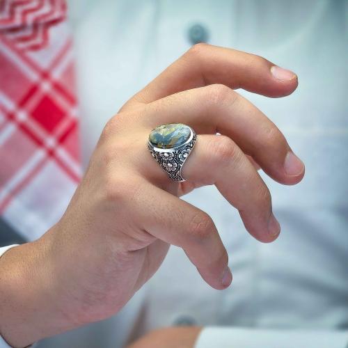 خاتم فضة عقيق يماني جزع