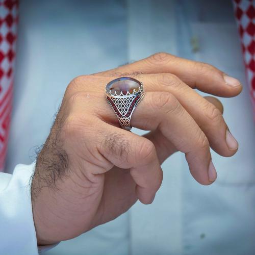 خاتم فضة عقيق يماني مزهر