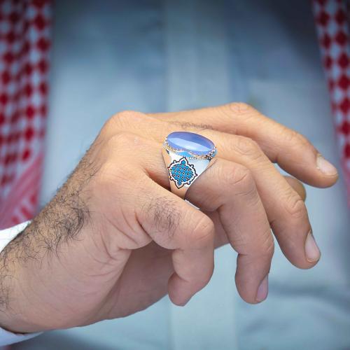 خاتم فضة عقيق يماني سماوي