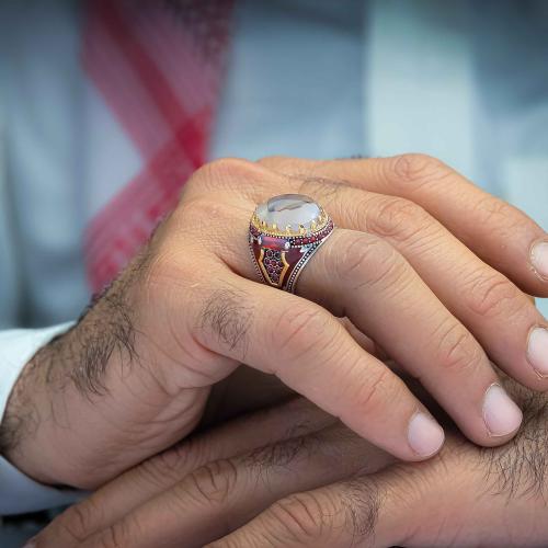 خاتم فضة عقيق يماني مزهر