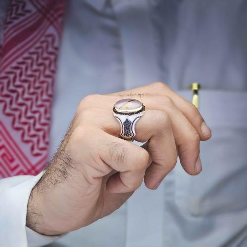 خاتم فضة عقيق يماني مزهر