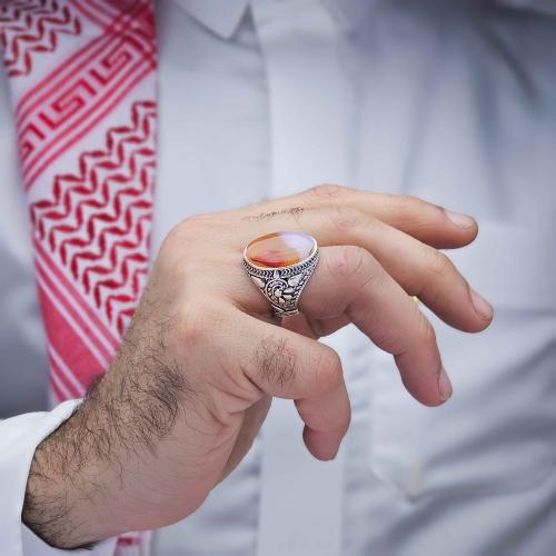 خاتم فضة عقيق يماني مزهر مصور