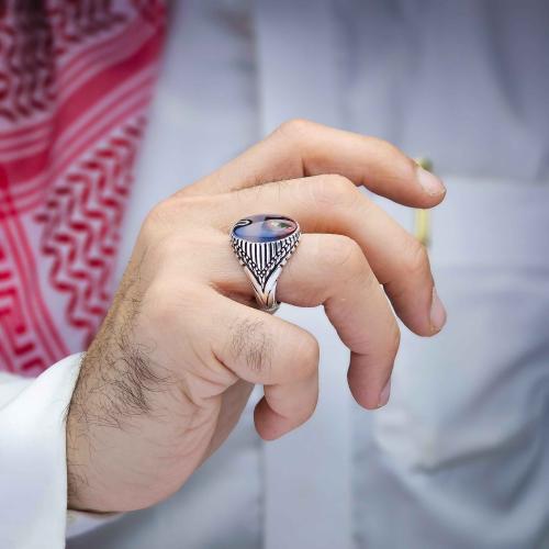 خاتم فضة عيار 950 عقيق يماني مزهر نادر