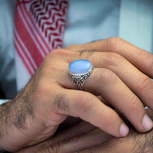 خاتم فضة عقيق يماني سماوي