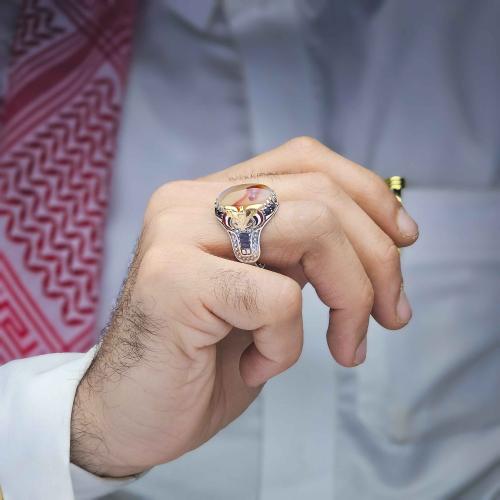 خاتم فضة عقيق يماني مزهر