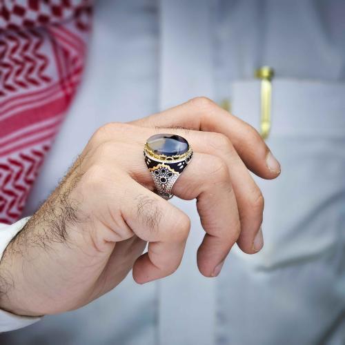 خاتم فضة عقيق يماني مزهر مصور