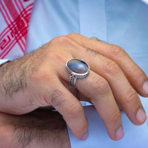 خاتم فضة عقيق يماني مزهر