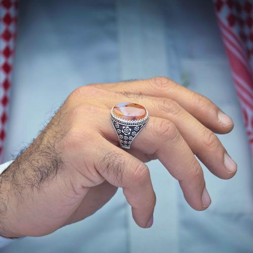 خاتم فضة عقيق يماني مزهر