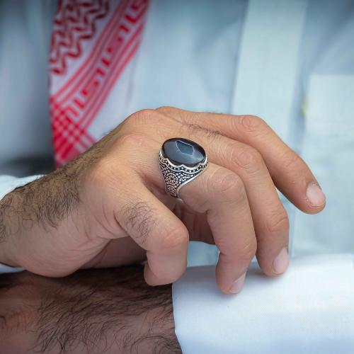 خاتم فضة عقيق يماني مزهر نادر