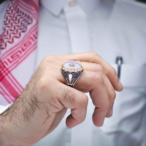 خاتم فضة عقيق يماني مزهر