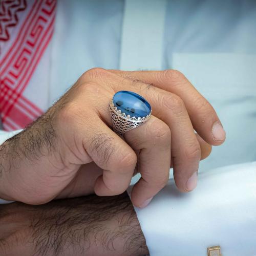 خاتم فضة عقيق يماني مزهر