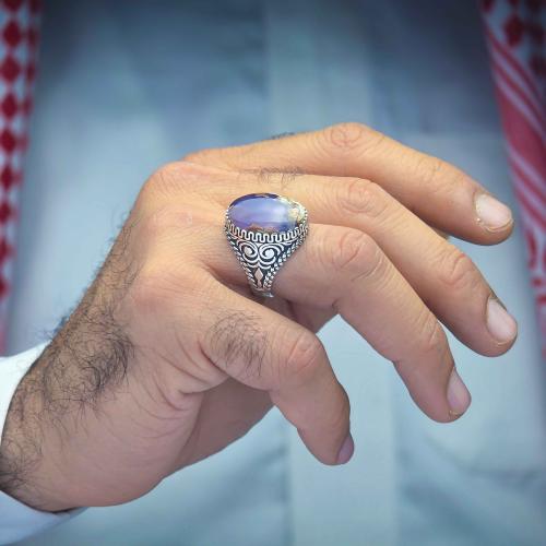 خاتم فضة عقيق يماني خرايطي بنفسجي