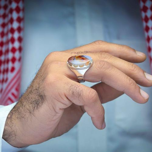 خاتم فضة عقيق يماني مزهر نادر