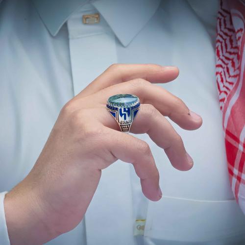 خاتم الهلال فضة 925 عقيق يماني طحلبي