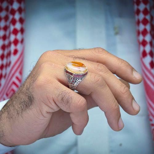 خاتم فضة عقيق يماني مزهر مصور