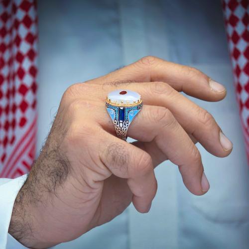 خاتم فضة عقيق يماني مزهر