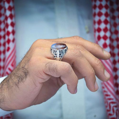 خاتم فضة عقيق يماني مزهر