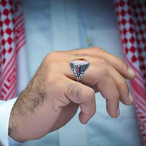 خاتم فضة عقيق يماني مزهر