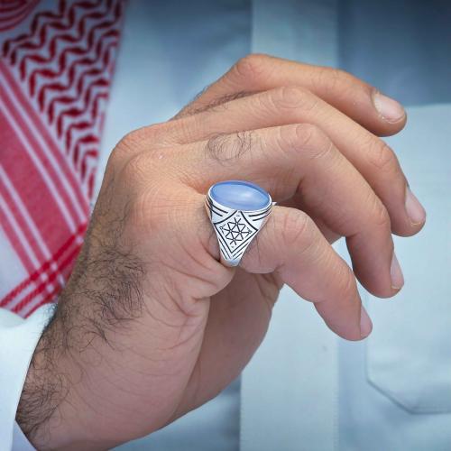 خاتم فضة عقيق يماني سماوي