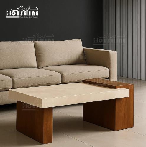 طاولة وسط مستطيلة بتصميم حجري وقواعد خشبية – مودرن...