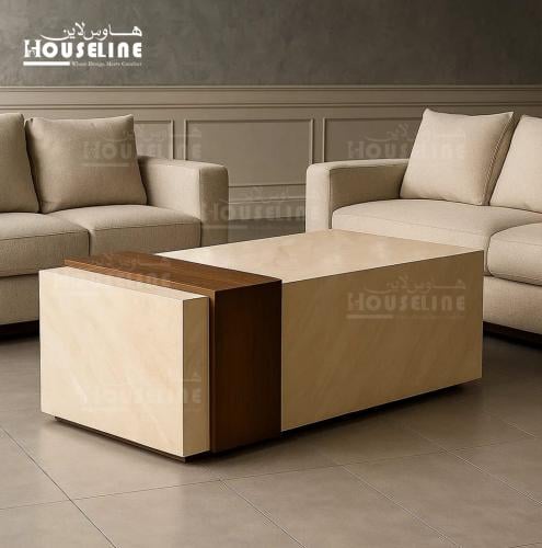 طاولة وسط مستطيلة بتصميم حجري وخشبي – فخامة عملية