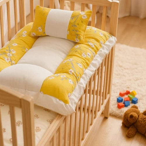 فرشة سرير أطفال قطعتين – أصفر مزهر مع وسط فرو مبطّ...