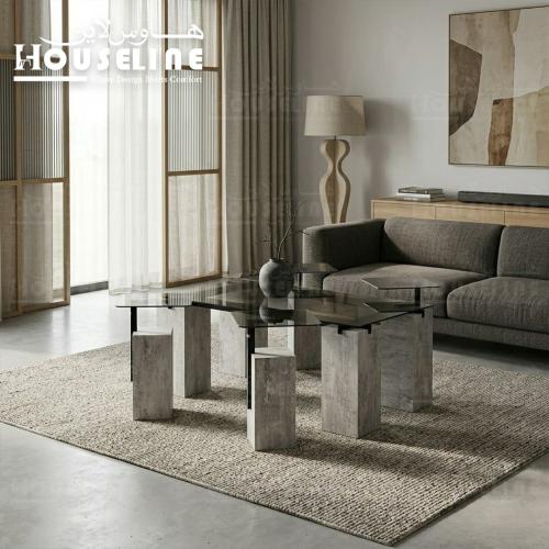 طقم طاولات قهوة بتصميم هندسي بسطح زجاجي وقواعد معد...