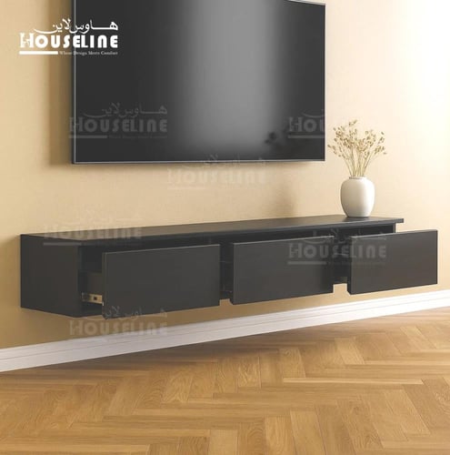 طاولة تلفزيون جدارية باللون الأسود مع أدراج خشب 16...