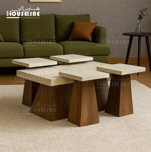 طقم طاولات وسط مودرن بديل حجر مع قواعد خشبية تصميم...