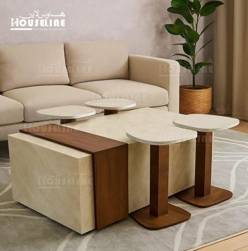 طقم طاولات وسط 5 قطع أورا وود بيج رخامي بني خشبي