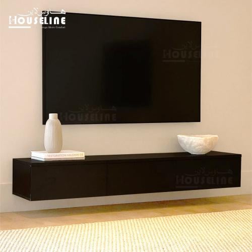 طاولة تلفزيون جدارية باللون الأسود مع أدراج خشب مق...