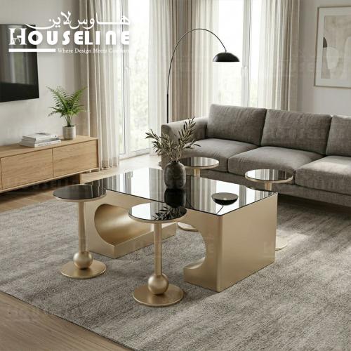طقم طاولات قهوة بسطح زجاجي وقواعد معدنية بتصميم عص...
