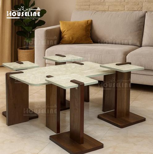 طقم طاولات وسط وخدمة سطح بديل الحجر فاتح وقاعدة خش...