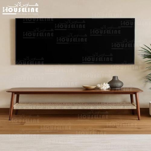 طاولة تلفزيون خشب بني مع رف خيش تصميم ريفي بسيط مق...