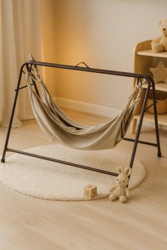 هندول أطفال وسط – هيكل معدني بني وقماش بيج