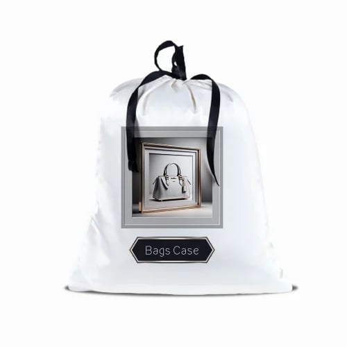A satin bag for storing underwear with a printed silver design