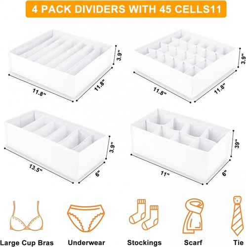 طقم منظم ملابس للأدراج يتكون من 4 قطع - أبيض