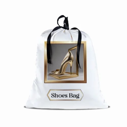 A satin shoe storage bag with a printed gold design, dust-resistant, and beautiful in organization