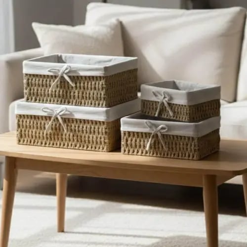 سلال تخزين لون بيج — طقم 4 قطع مبطن بقماش ناعم | ت...