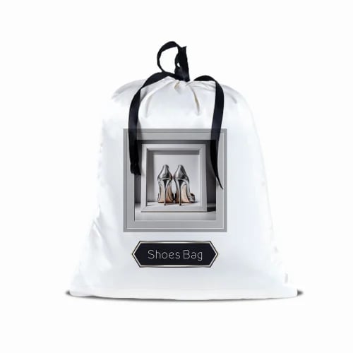 A satin shoe storage bag with a printed silver design, dust-resistant, and beautiful in organization
