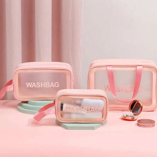 3 قطع حقائب تجميل متعددة الأحجام شفافة - وردي