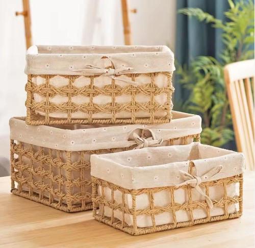 طقم 3 قطع سلال تخزين من الخوص الطبيعي ببطانة قطنية
