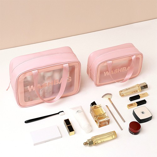 3 قطع حقائب تجميل متعددة الأحجام شفافة - وردي